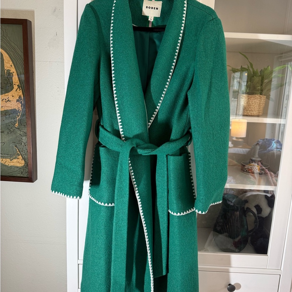 Boden Green Coat with White Trim and Pink Ribbon Detail
